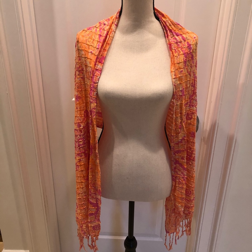 Colorful Orange and Pink Fringed  Scarf/ Throw - Picture 2 of 5